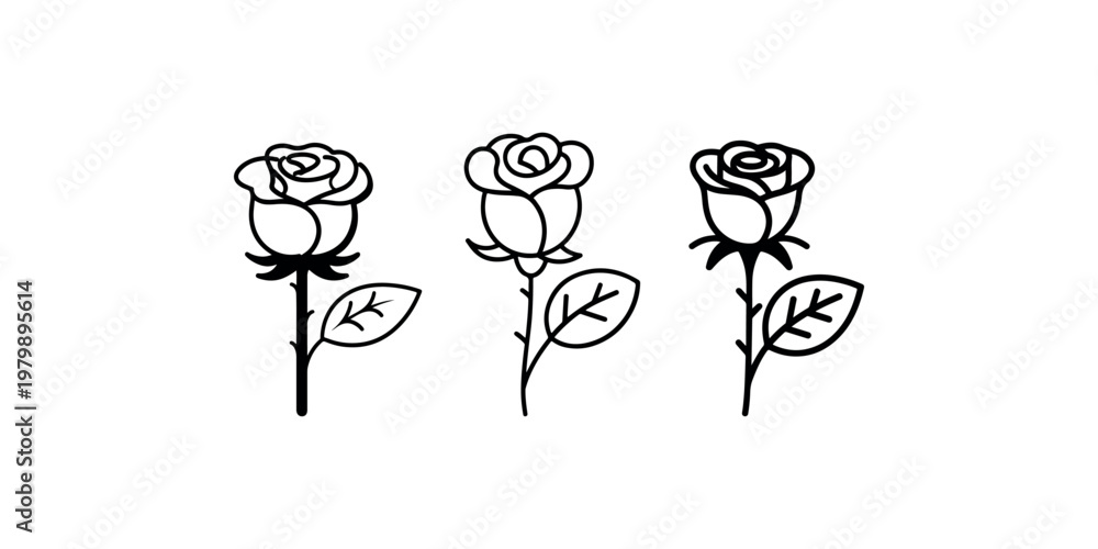 Fototapeta premium Rose flower icon set with different styles and details symbolizing love romance and beauty in simple line art