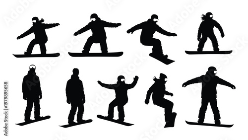 A collection of black silhouette figures depicts snowboarders in various dynamic poses and stances against a white background high quality professional