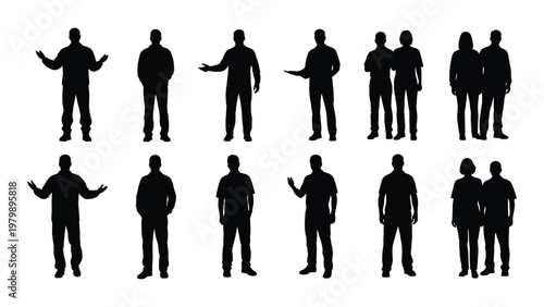 A collection of black silhouettes depicting various standing people and couples in different poses and orientations high quality professional detailed modern