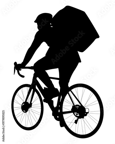 Silhouette, Courier on Bicycle, Delivery Food In City, Lifestyle, Isolated, Character, Black, Vector