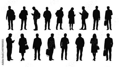 A collection of diverse silhouetted figures depicting people in various poses and business attire against a white background high quality professional