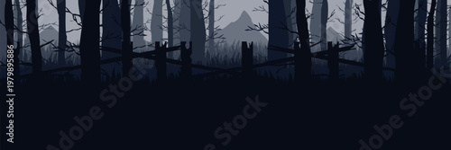 Wide website header template eerie gloomy woods silhouette