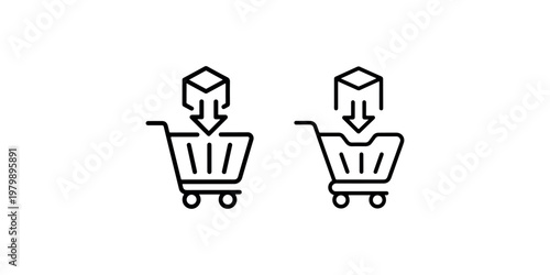 Shopping cart icons with product box and down arrow for adding items to cart representing online purchase process and item selection for delivery