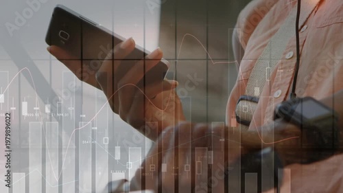 Animation of statistical data processing over mid section of a man with bicycle using a smartphone