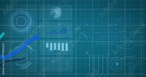 Animation of pizza icons over financial data processing on blue background
