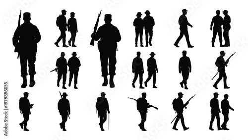 A collection of silhouette figures depicting soldiers in various poses mostly armed with rifles and walking high quality professional detailed modern