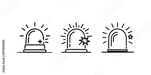 Emergency alarm light siren flashing with bright starburst effects, danger alert signal icons for warning systems