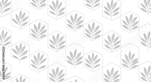 Geometric seamless pattern with stylized leaves inside hexagons on a white background