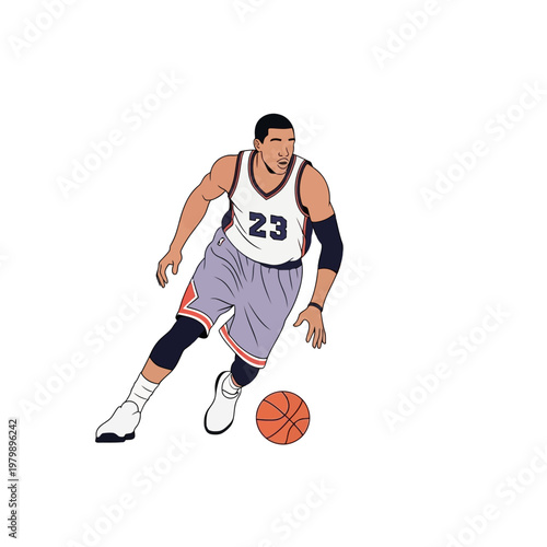 Basketball Player Dribbling Ball, Athletic Man with Number 23 Jersey, Dynamic Sports Illustration