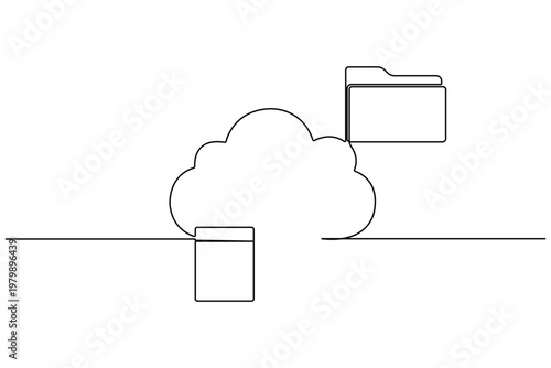One line drawing of a cloud with folders representing digital file organization and cloud hosting