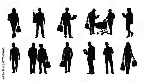 A collection of black silhouette figures depicting people shopping carrying bags and pushing carts high quality professional detailed modern elegant stylish