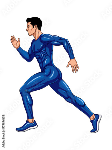 Athletic Man in Blue Compression Suit Running or Jogging Profile Illustration