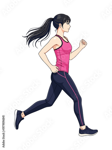 Side view of fit young woman jogging in sportswear isolated on white background