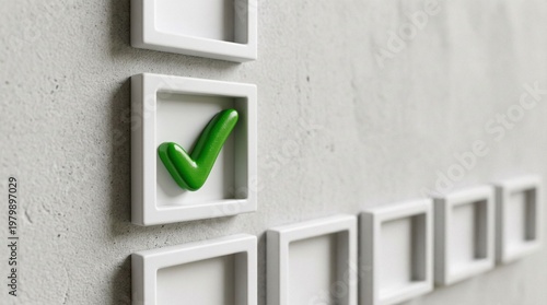 A single green checkmark emphasizes completion within a series of white framed boxes against a