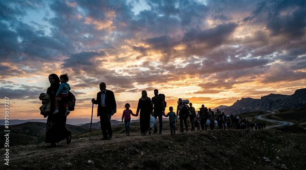 Fototapeta premium Distant Journey Across Rugged Terrain Under a Dramatic Sunset Sky