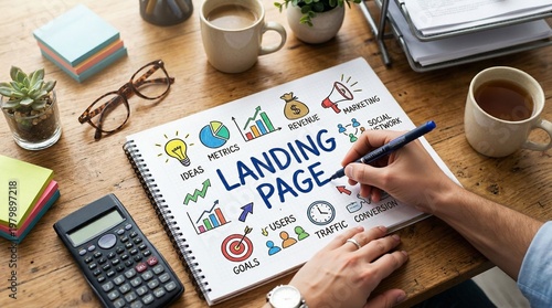 Digital marketing strategy development on a wooden desk with business planning visuals and coffee