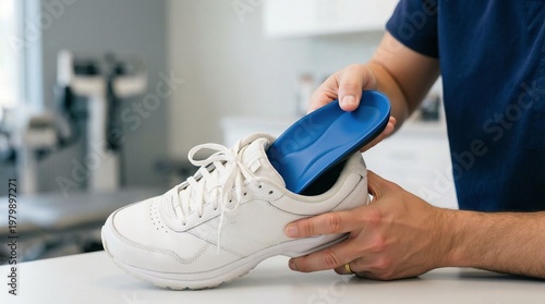 Footwear customization orthotic insert being placed into a clean white athletic shoe