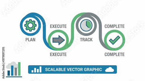 Vector graphic illustrating business workflow process with plan execute track complete steps