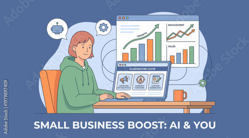 Woman using AI marketing suite on laptop for small business growth and optimization