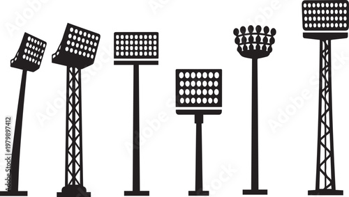 Spotlight tower silhouettes on transparent background vector icon set