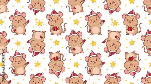 Seamless pattern of cute cartoon mice wearing santa hats and mittens