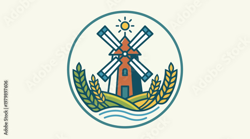 Vintage Windmill Badge with Wheat and Sun