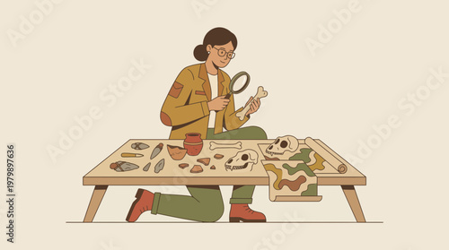 Female archaeologist working on research with ancient artifacts flat art