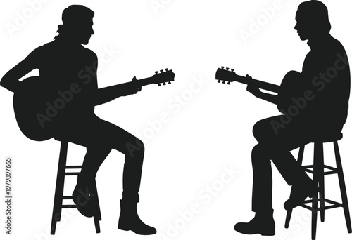 Guitar player silhouettes set featuring musicians sitting on stool playing acoustic guitar music performance duet artistic illustration concept