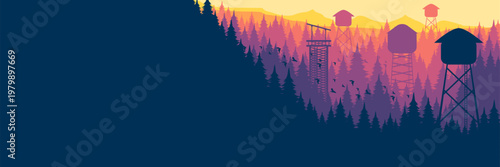 Summer landscape banner with warm sunset colors and blank copy space