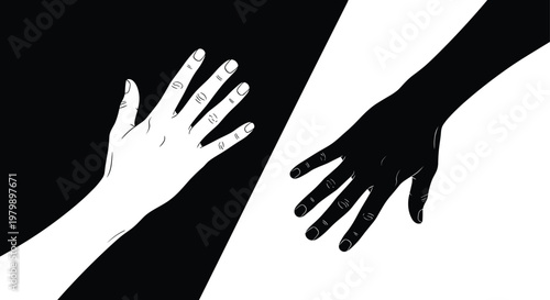 Hand silhouette contrast, black and white design, unity symbol, duality concept, connection gesture, opposition art, minimalist illustration, vector composition