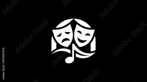 Theatre Masks with Music Note on Black Background