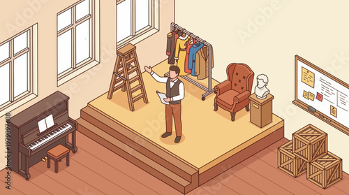 Theatrical director standing on stage reviewing script in theater