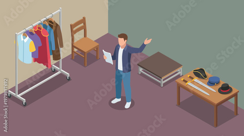 Costume designer planning wardrobe selection in a professional studio