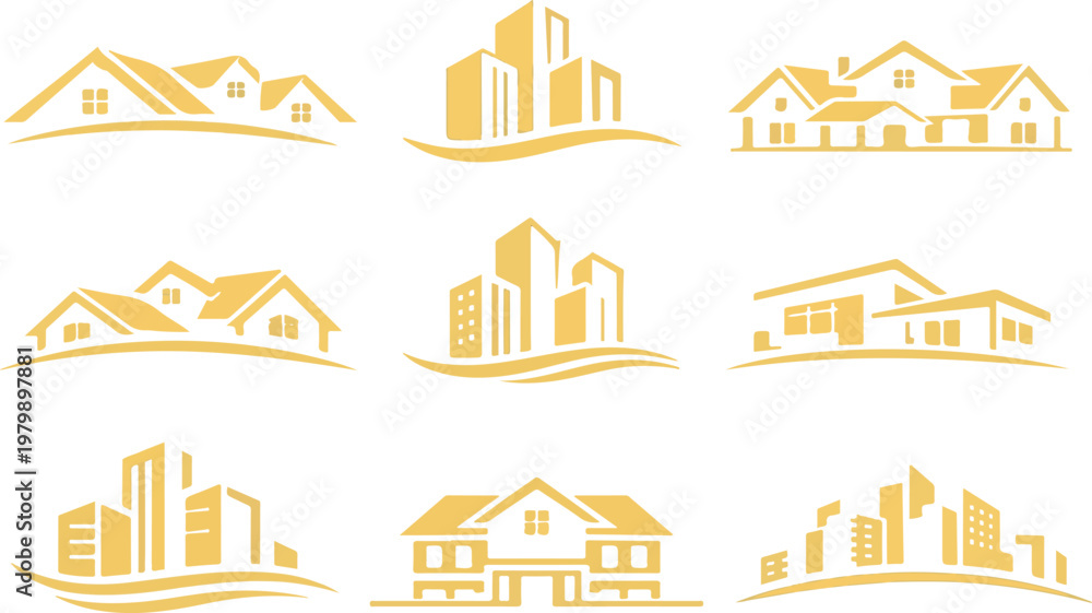 Fototapeta premium Golden house and building silhouettes on transparent background vector icon set