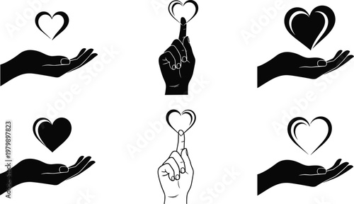 Hand silhouette with heart, love care symbol, compassion gesture, charity icon, kindness illustration, emotional connection, romantic design, vector art concept
