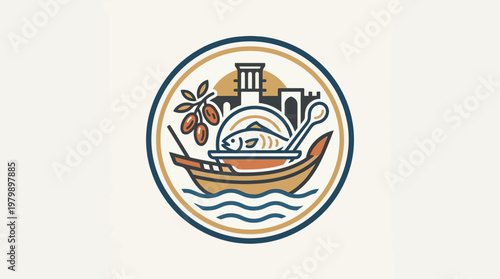 Emirati Cuisine Emblem with Traditional Boat and Food
