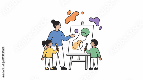 Teacher leading art session with children painting on canvas in studio