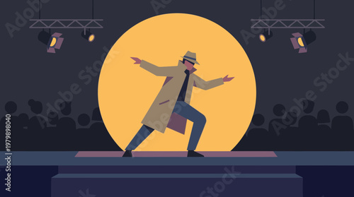 Detective wearing trench coat and hat standing under spotlight on stage