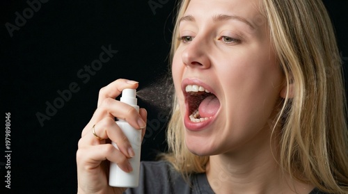 Woman spraying mouth with medicinal spray for sore throat relief and fresh breath