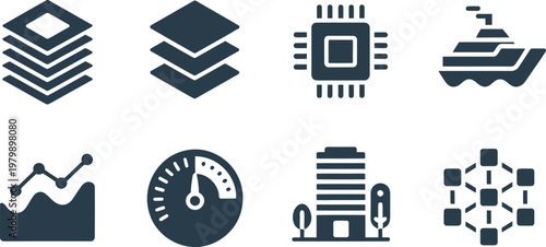 Set of dark icons featuring digital processors building architecture marine transport data charts and performance gauges
