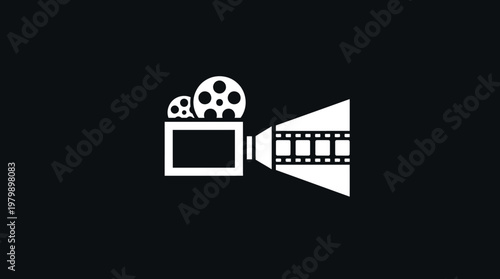 Minimalist White Cinema Camera Icon on Black