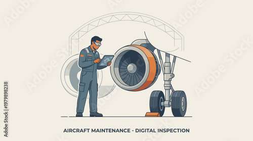 Technician conducting digital inspection of aircraft engine in hangar