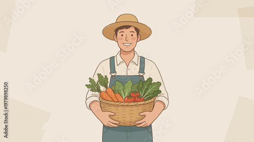 Friendly farmer holding a basket of fresh organic vegetables outdoors