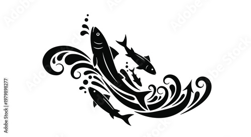 Fish swimming in water currents are depicted in a stylized black graphic design.