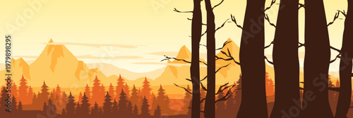 Flat vector dead tree foreground with massive sunset sky copy space