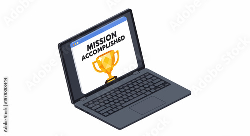 Mission Accomplished Message on Laptop Screen with Golden Trophy, Isometric 3D Illustration for Business Success, Goal Achievement, and Winning Concepts