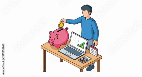 Man Saving Money in Piggy Bank for Financial Planning, Isometric Illustration of Personal Finance, Investment Strategy, and Budget Management on White Background