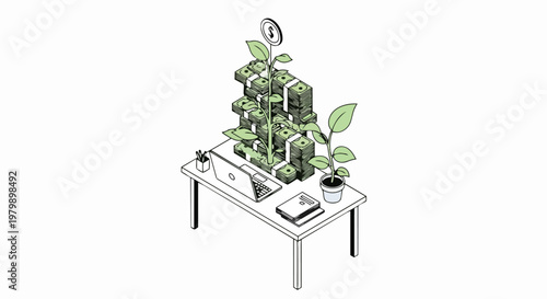 Isometric Illustration of Money Tree Growing from Stacks of Cash on a Desk with Laptop, Concept for Financial Growth, Investment, and Online Business Success