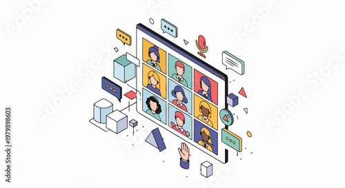 Isometric Video Conference and Online Meeting Concept with Diverse Team Avatars on Screen, Remote Work and Digital Communication Illustration