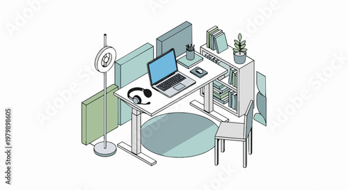 Isometric Modern Home Office Workspace Illustration with Standing Desk, Laptop, Professional Streaming Equipment, and Ergonomic Design on White Background